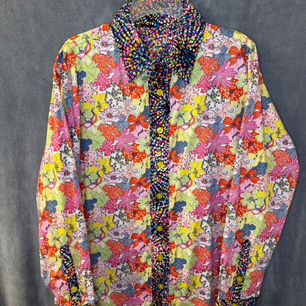 Mens Large Custom Floral Polka Dot Mixed Print Button Down Shirt Long Sleeve